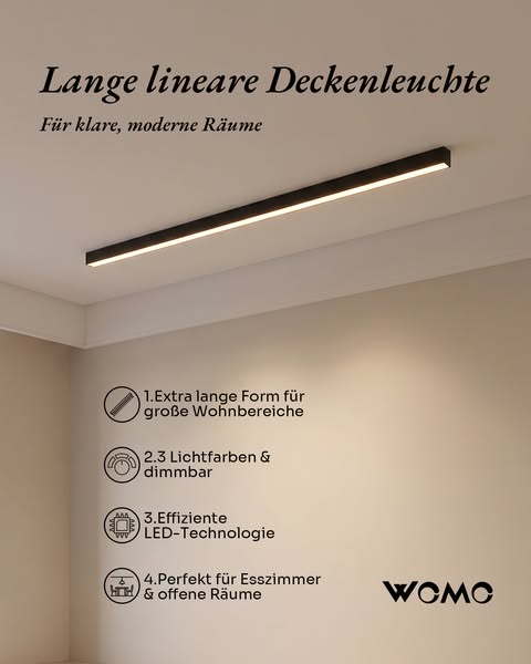 WOMO Lineare LED Deckenleuchte Flur Lang Schmal Metall