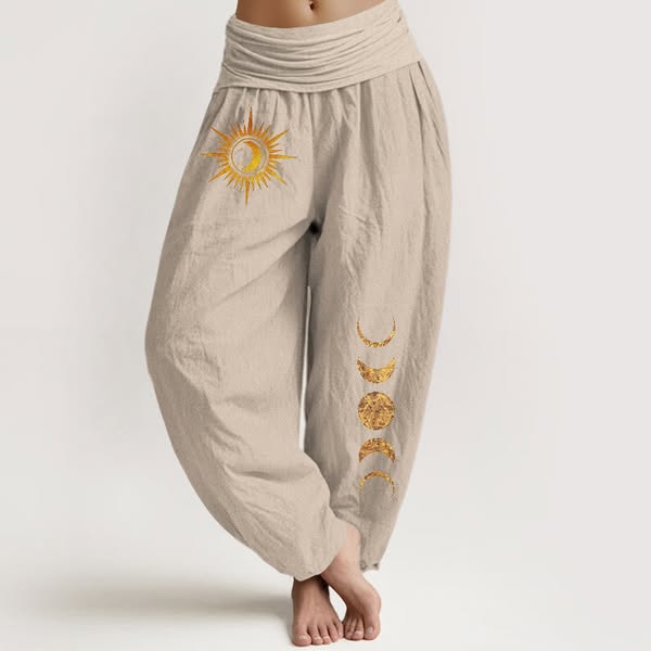 Buddha Stones Pure Cotton Gold Sun Moon Phases Pattern Women's Elastic Waist Harem Pants