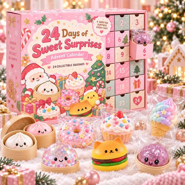 24-Day Christmas Squishy Advent Calendar, 24 Random Dessert Mystery Squishies, Cute Collectible Countdown Toys, Holiday Gift for Girls, Kids