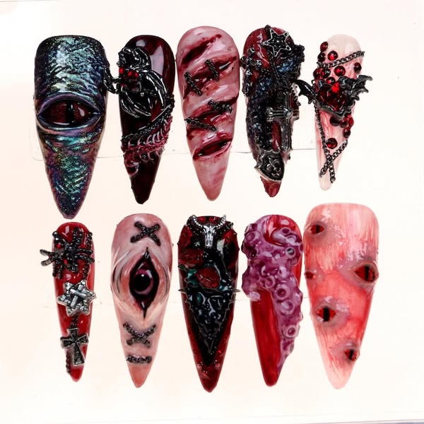 Crimson Eyeball Tentacle Horror Press On Nails