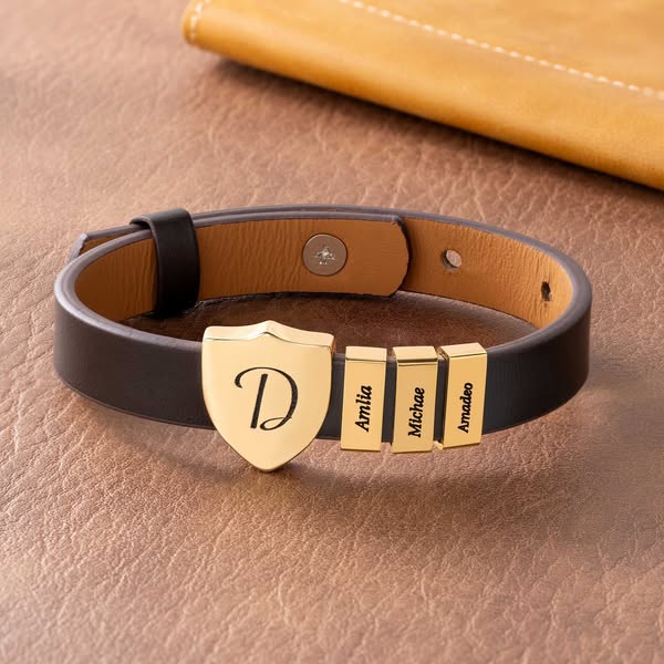 Personalized Shield Bracelet with Name, PU Leather Adjustable Jewelry, Sentimental Family Bracelet, Father's Day/Birthday Gift for Dad/Husba