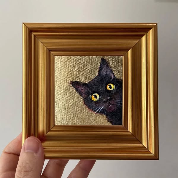 Black Cat Gold Leaf Miniature Painting - The Staring Black Cat