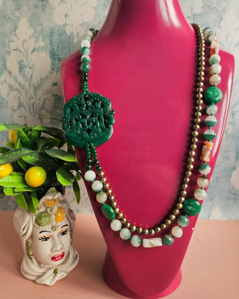 Statement Double Necklace with Green Stones, Green Pearls and Natural Green Jade