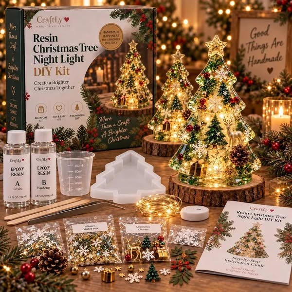 Last Day 49% OFF – Beginner-Friendly Resin Christmas Tree Night Light DIY Kit | Mold, Resin, Fairy Lights & Festive Decorations Included