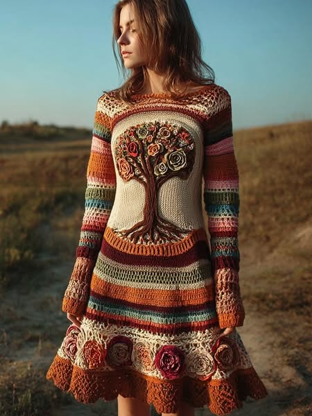 Retro Flower Tree Of Life Crochet Art Midi Sweater Dress Orange brown-XL