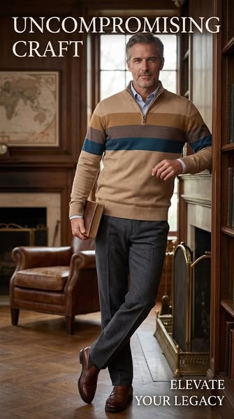 Men's Quarter-Zip Striped Knit Sweater – Half High Collar, Color Block, Soft Cotton Comfort - Khaki / S