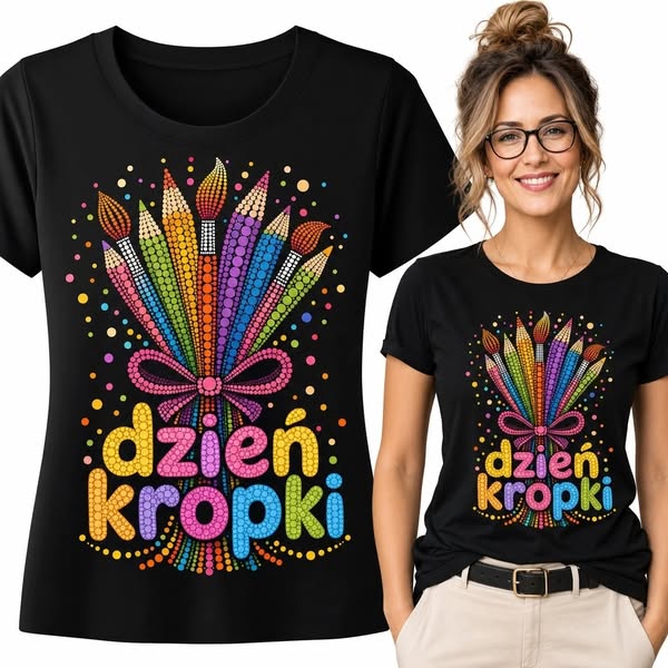 Koszulka damska na Dzień Kropki „Dzień kropki” - kolorowe kredki (Rozmiar: XXL)
