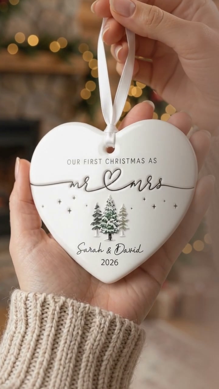 Personalized "Our First Christmas As Mr. & Mrs." Heart Ceramic Ornament