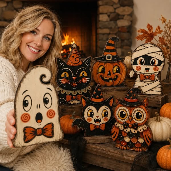 Handmade Vintage Halloween Wooden Character Tabletop Decor