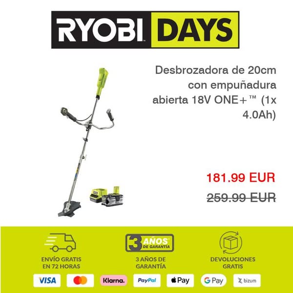 Desbrozadora de 20cm con empuñadura abierta 18V ONE+™ (1x 4.0Ah)