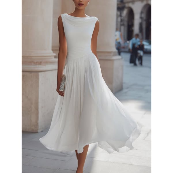 Elegant Pleated Skirt Waist Ruched Midi Dress