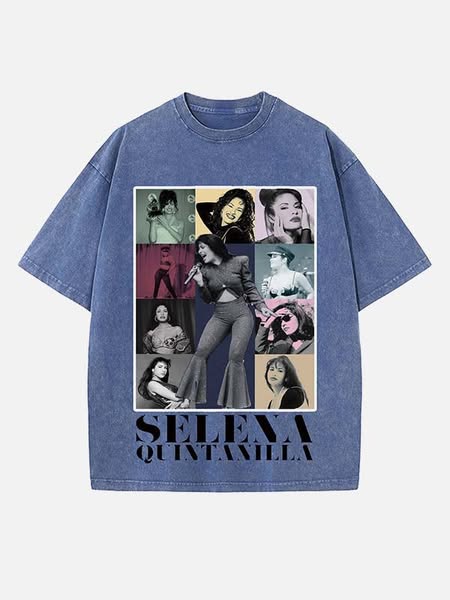Selena Quintanilla Print Round Neck T-shirt Blue-S