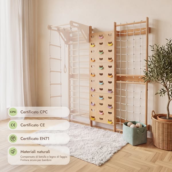 7-in-1 Parete da Arrampicata per Bambini: Spalliera, Prese, Rete, Sbarra Trazioni e Set Altalena 3in1