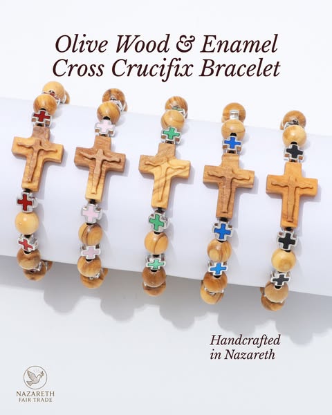 Olive Wood & Enamel Crucifix Bracelet