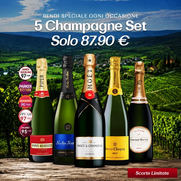 Selezione di 5 Champagne: Bollinger Special Cuvée, Veuve Clicquot Brut, Moët & Chandon Impérial Brut, Taittinger Brut Réserve e Laurent-Perr