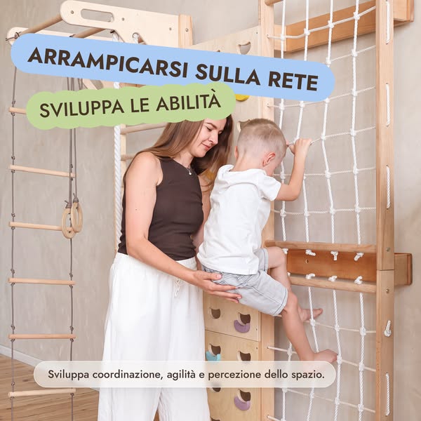 7-in-1 Parete da Arrampicata per Bambini: Spalliera, Prese, Rete, Sbarra Trazioni e Set Altalena 3in1