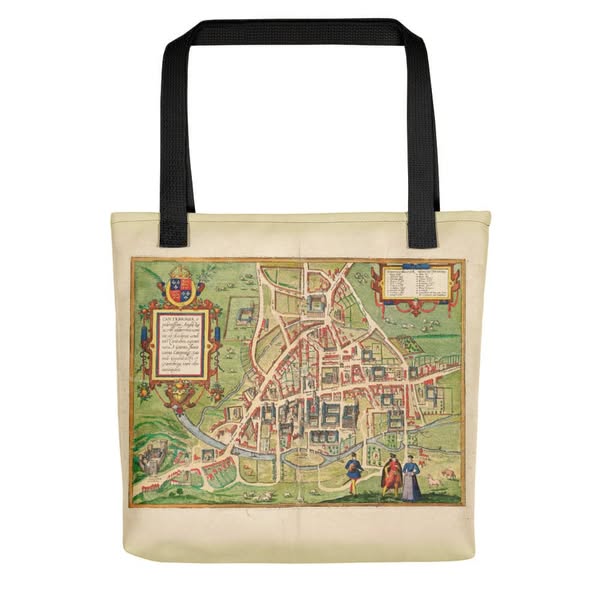 Cambridge Tote Bag with historic map of Cambridge (Cantebrigia) and its old colleges in 1575 by George Braun, Black