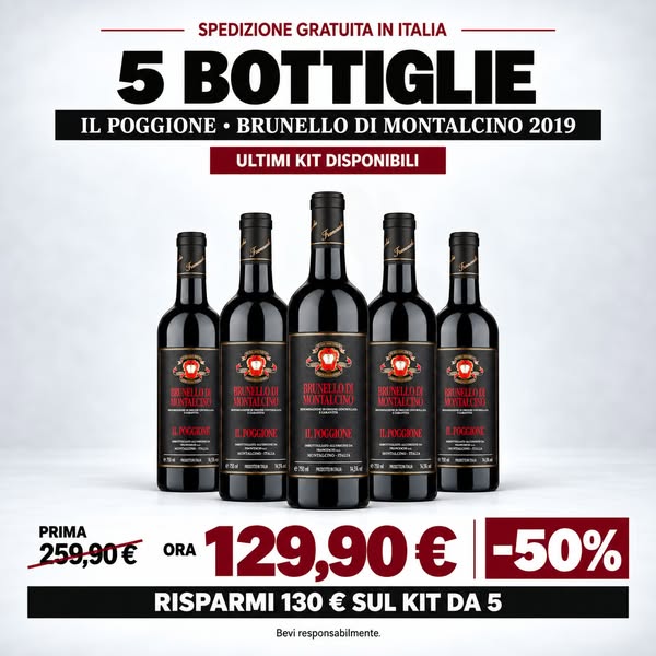 Set da 5 bottiglie di vino rosso: Il Poggione Brunello di Montalcino, 5 × 750 ml