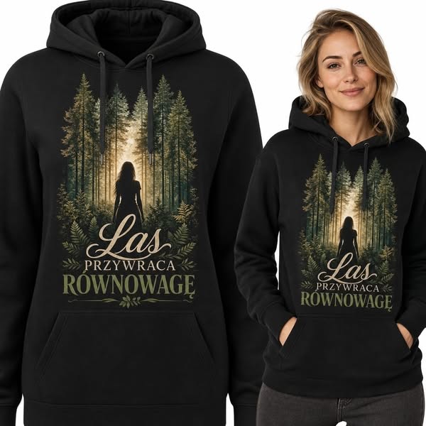 Bluza damska z kapturem „Las przywraca równowagę” - leśny pejzaż vintage (Rozmiar: S)