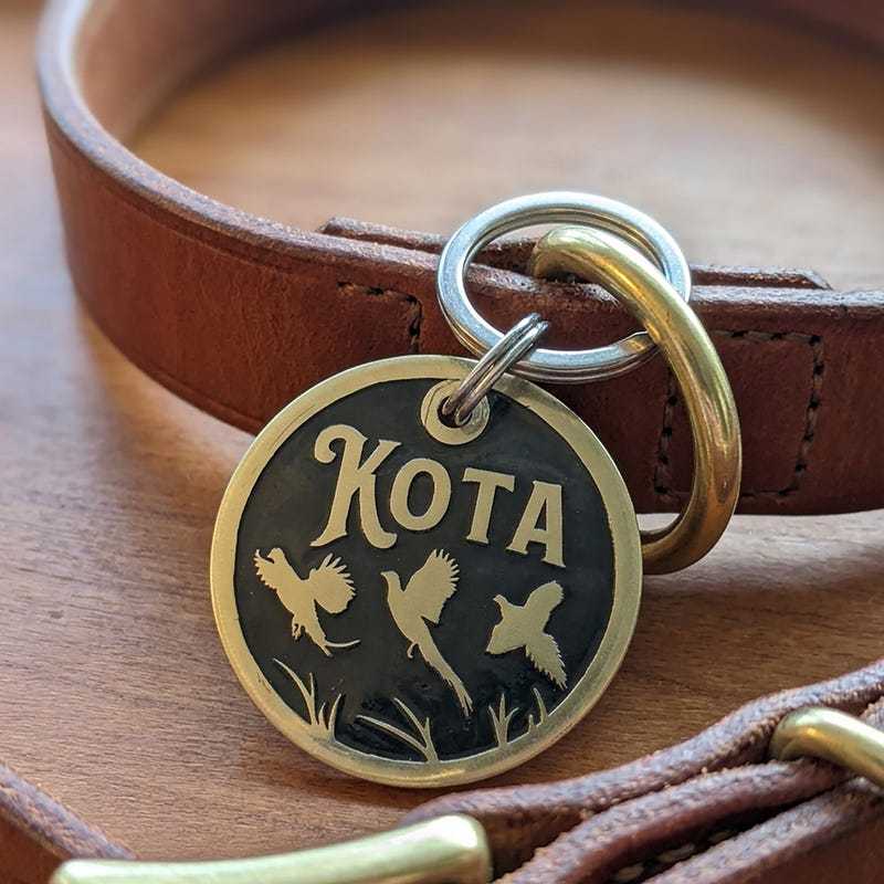 Personalized Hunting Dog ID Tag, Pheasant Design, Rugged Handcrafted Solid Brass Dog Tag for Hunting Dogs