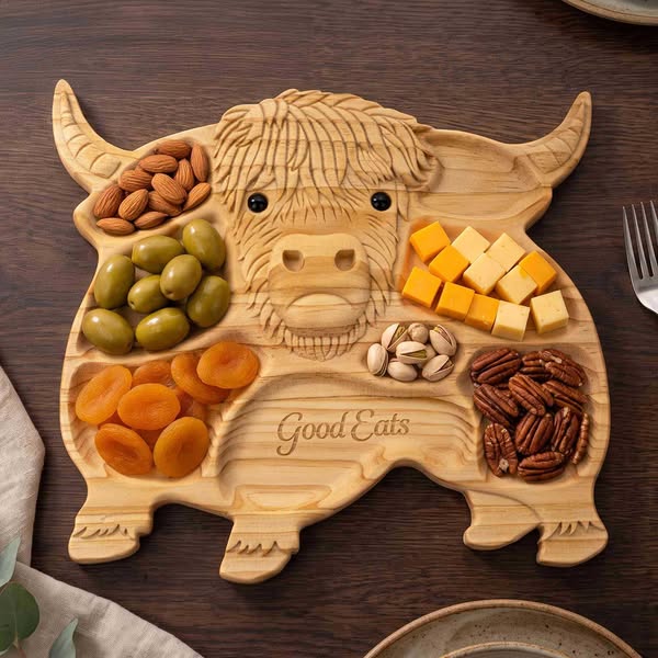 Custom Name Engraved Highland Cow Charcuterie Board, Multi-Compartment Wooden Serving Tray, Kitchen Accessory, Housewarming Gift for Hostess