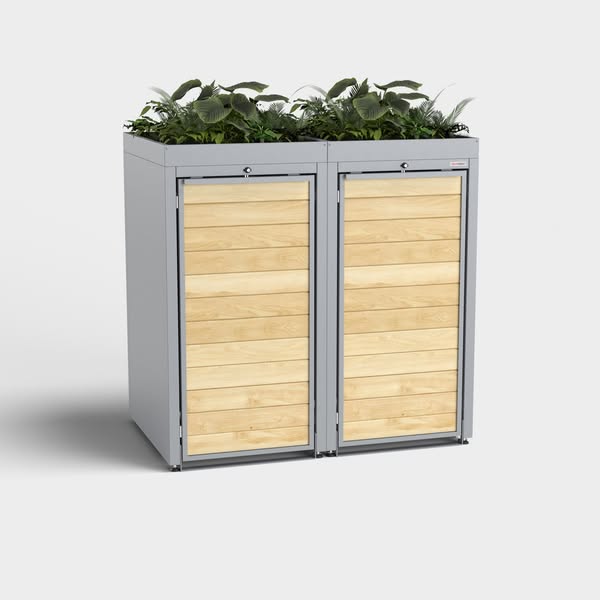 Trash bin box for 2 (240l) | Holzmichl | Telegrau (RAL7045) | with plant roof | made of wood