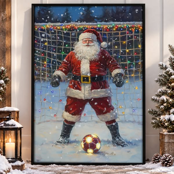 Funny Christmas Santa Claus As A Goalie Canvas Painting, Sports Wall A