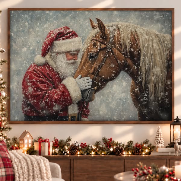 Christmas Horse Canvas Painting, Rustic Santa And Horse Wall Art Decor