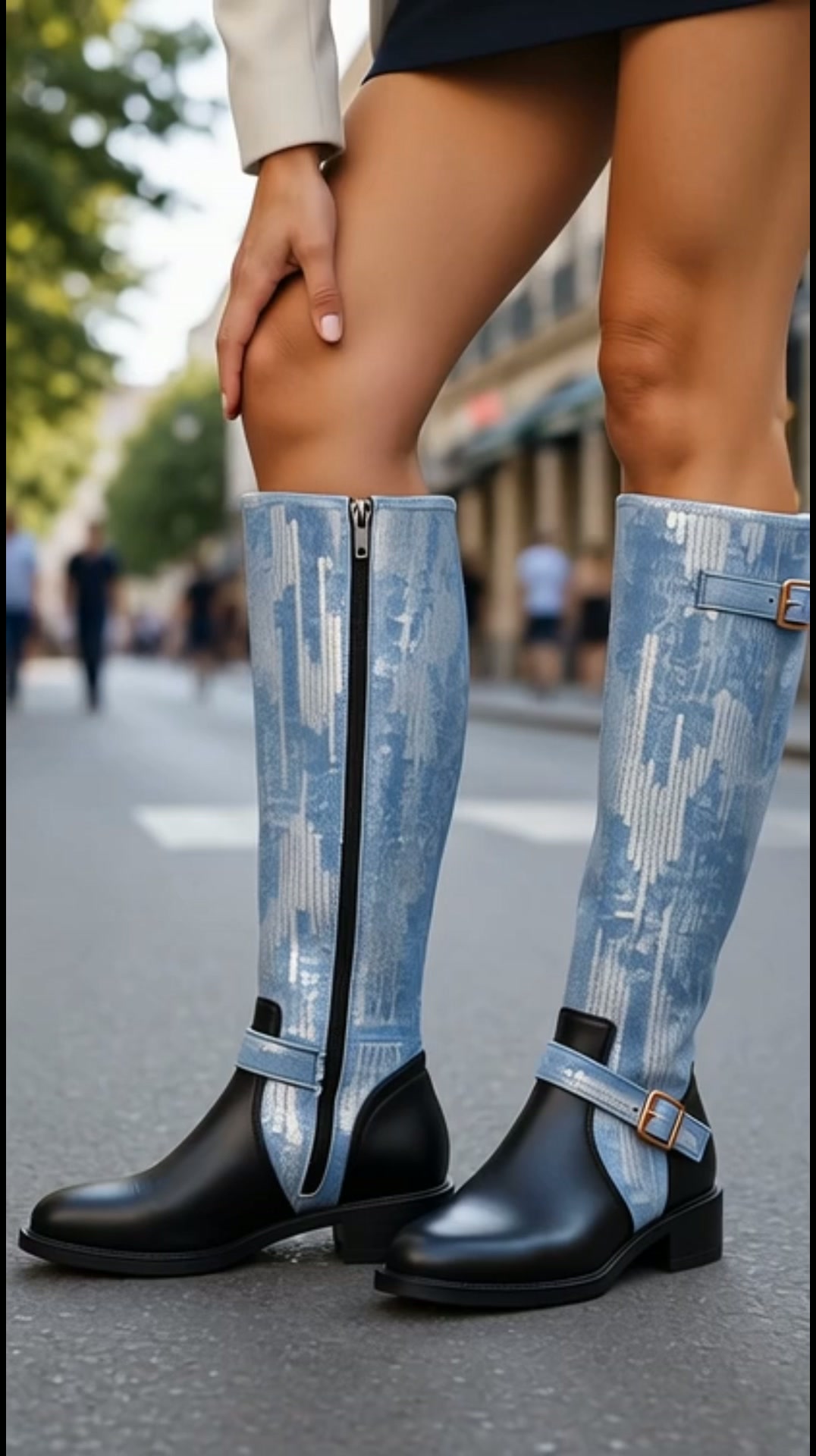 Denim Knee-High Buckle Boots