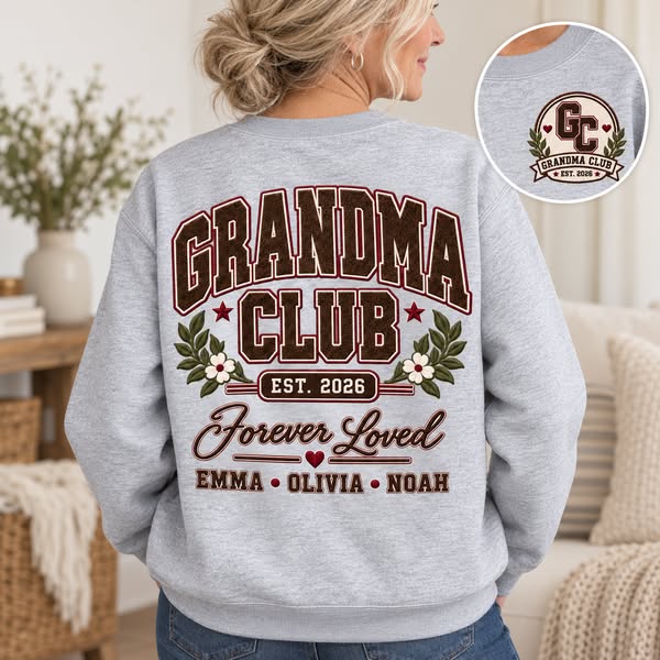 Personalized Grandma Club Sweatshirt – Custom Est. Year & Grandkids Names, Front & Back Print Crewneck, Gift for Grandma