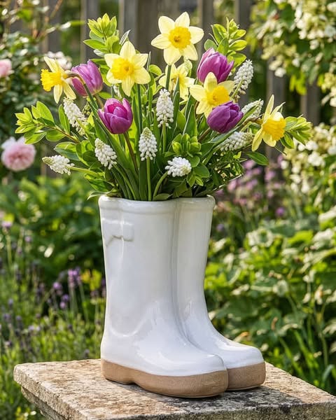 White Wellington Boots Plant Pot