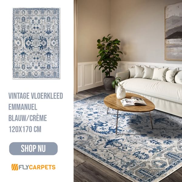 Vintage Vloerkleed - Emmanuel Blauw/crème - 120x170 Cm