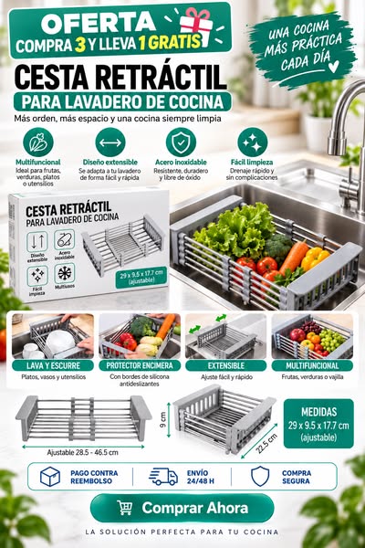 Cesta Retráctil Extensible de Acero Inoxidable para Fregadero
