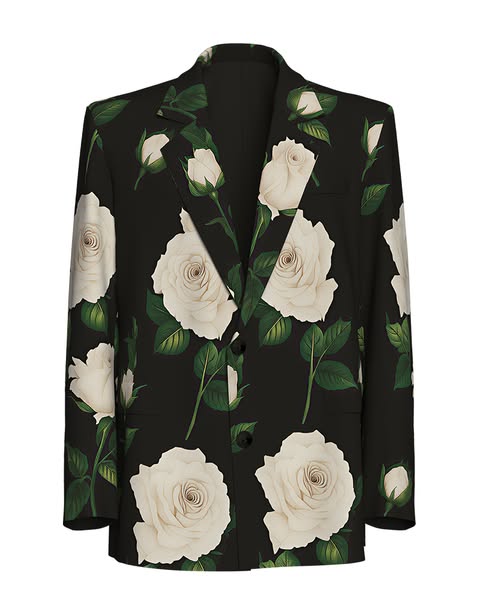 Retro White Rose Print Single-breasted 2-piece Suit Black-3XL-6XL