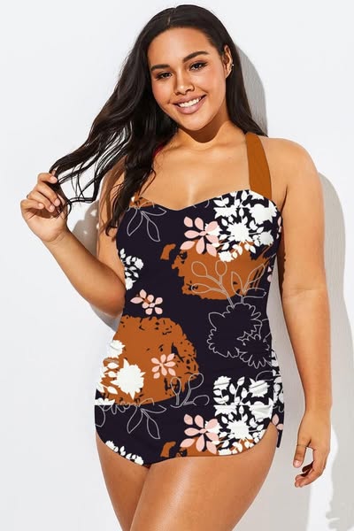 Caramel Brown H-Back Sarong Front One Piece Swimsuit