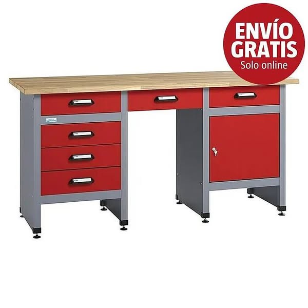 Banco de trabajo (L x An: 60 x 170 cm, Altura de trabajo: 84 cm, Carga soportada: 300 kg, Número de cajones: 6 ud., Rojo/Gris plata)
