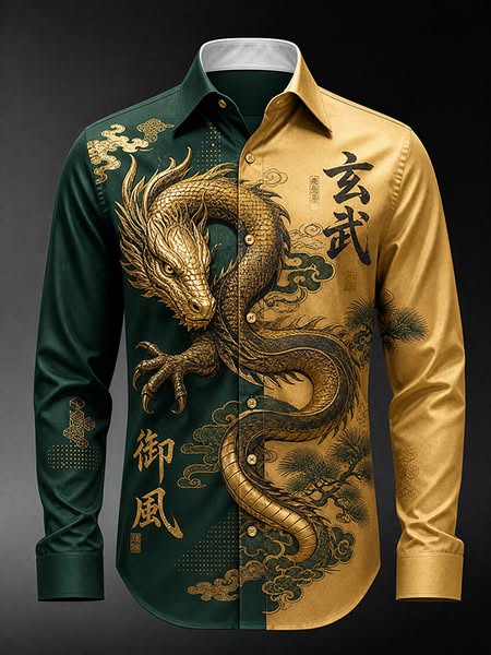 Men's Vintage Dragon Cloud Pine Tree Japanese Art Print Long Sleeve Shirt