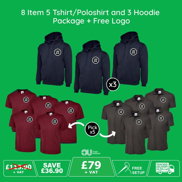 8x Item 5 Tshirts/Polo shirts and 3 Hoodie Package | Order Uniform UK Ltd