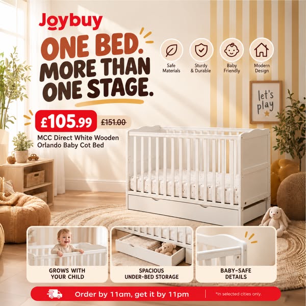 MCC Direct White Wooden Orlando Baby Cot Bed and Rollaway Drawer and Aloe Vera Water Repellent Mattress (Cream White) | Kids Bedroom | Joybu
