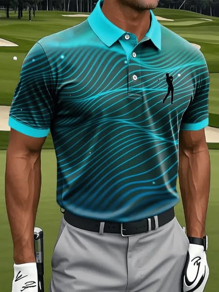 Men's Gradient Wave Line Golf Player Silhouette Printed Short Sleeve Polo Shirt