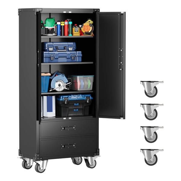 Garvee Gabinete de Almacenaje de Garaje SA-TC-S13 Negro Acero Frío 0.6mm, 2 Cajones 2 Puertas 3 Estantes Ajustables, Ruedas y Cerradura 182.