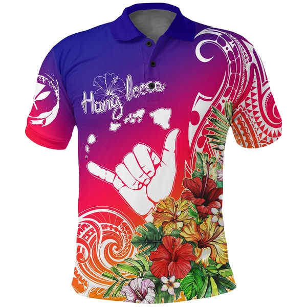 Hawaii Sunset with Hibiscus Polo Shirt Shaka Hang Loose LT7