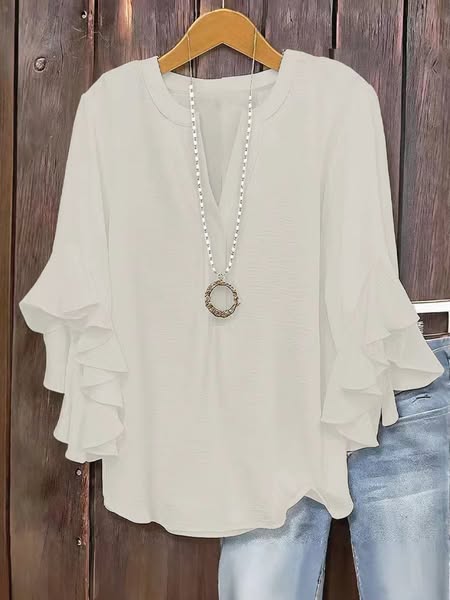Plus Size Women's Floral V-Neck Blouse Flowy Ruffled Sleeve Top for Arm & Tummy Flattering Lightweight Casual Summer Shirt - Apricot