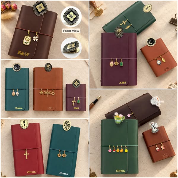 Personalized Leather Journal With Custom Name & Charms