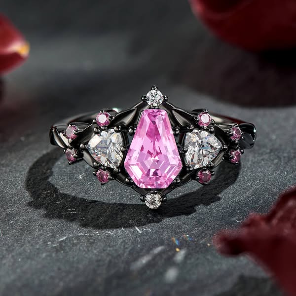 Blush Eclipse Coffin Cut Rose Sapphire Black Gold Gothic Vintage Elegant Statement Engagement Ring