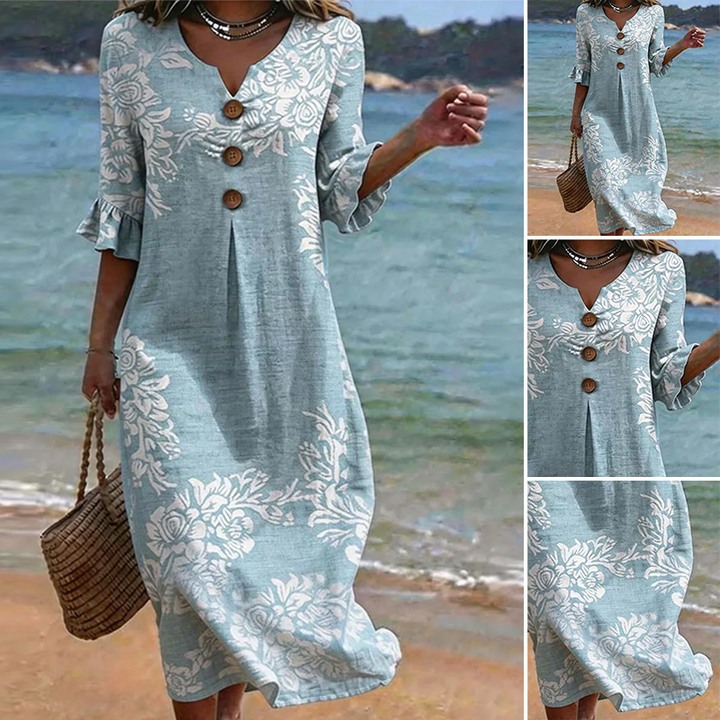 Ruffle Three-Button Print A-Line Dress