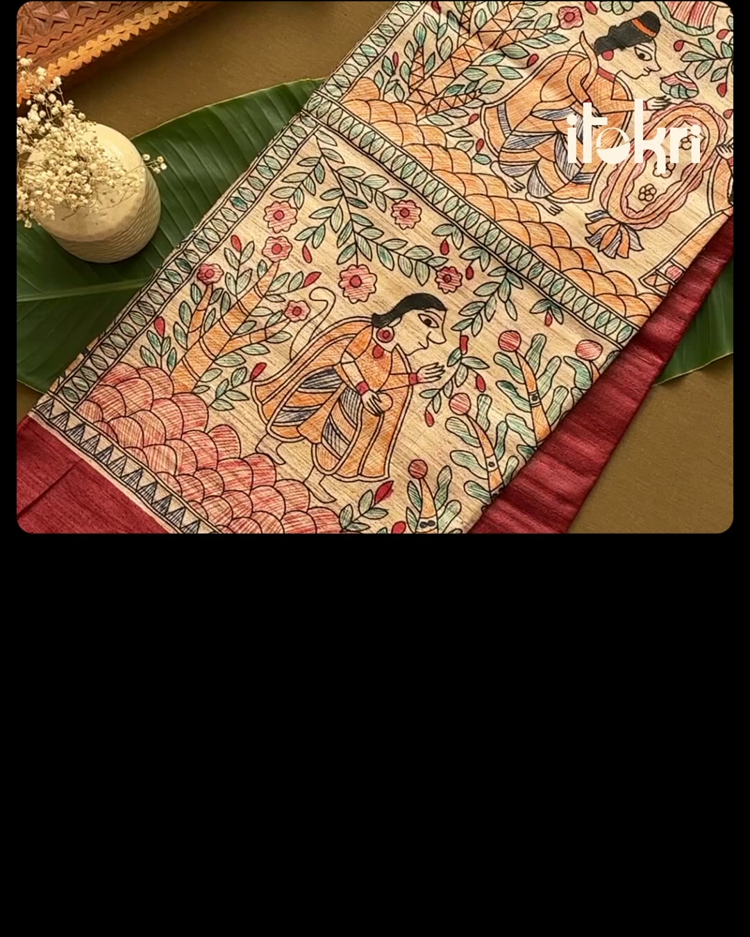 Madhubani painted by hand on ghicha tussar. Festival week or a Thursday. Shipped worldwide.