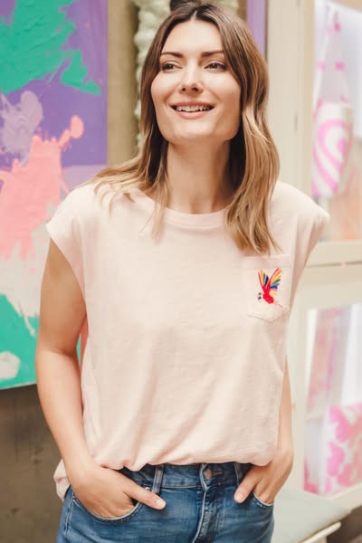 Chrissy Relaxed Tank T-shirt - Pink, Rainbow Parrot Embroidery