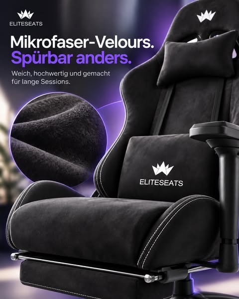 Ergonomischer Gamingstuhl mit Mikrofaser-Velour, 4D Armlehnen & Fußstü