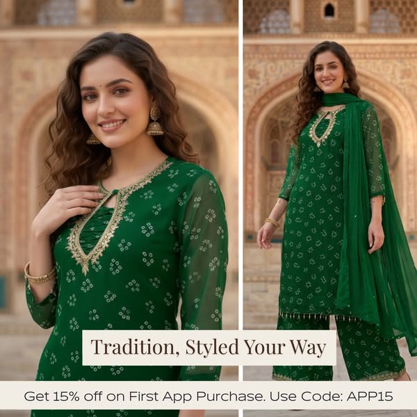 Emerald Green Bandhani Kurta Set with Gota Patti Work, Palazzo & Dupatta
